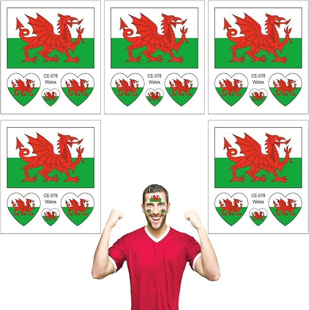 5 packs of Wales Welsh Country Flag Temporary Tattoo Face Sticke,Welsh Country Flag Temporary Tattoos Wales Football Tattoos ,Face & Body Tattoo Sticker for World Cup football 2022