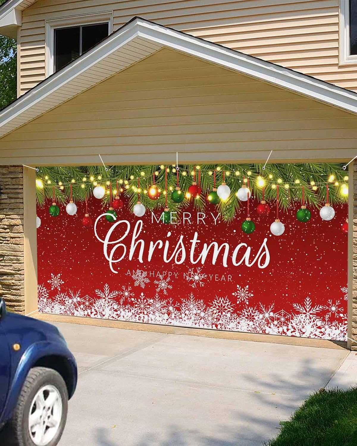 Christmas Red Garage Door Banner Cover Decorations, Large Outdoor Hanging Garage Door Covers Christmas Thanksgiving Halloween Wall Backdrop for Holiday Party, Winter Pine Tree Leaves Snowflake 6.8x8ft