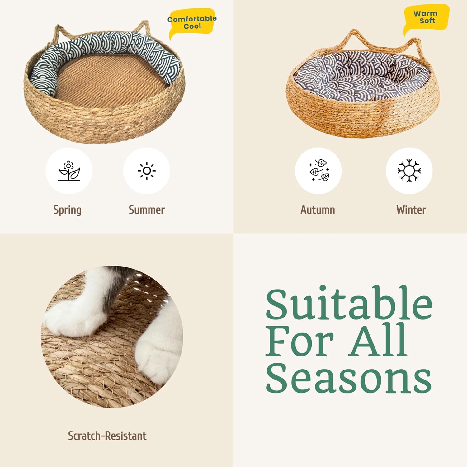 review Woven Cat Bed for Indoor Cat,Straw Cat Nest- Wicker Bed for Cat/Dog/Pet with Cushion, Pillow, and Bamboo Mat - Handmade Cat House - Large Cat Basket Bed, Rattan Cat Bed