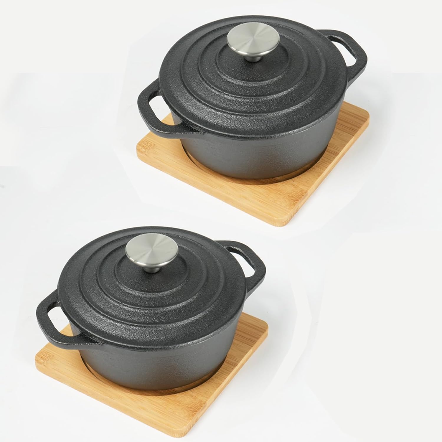 HAWOK Cast Iron Mini Dutch Oven, Dia5.51”, 23oz, with Bamboo Tray, Set of 2, Pre-seasoned