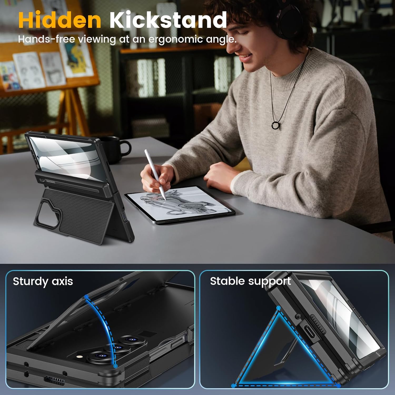 caka for samsung galaxy z fold 6 case [thinner s pen holder] [hidden kickstand] [hinge protection] [screen protector] full body hard shockproof phone cover with anti-slip textured for fold6 - black black z fold 6(no pen)