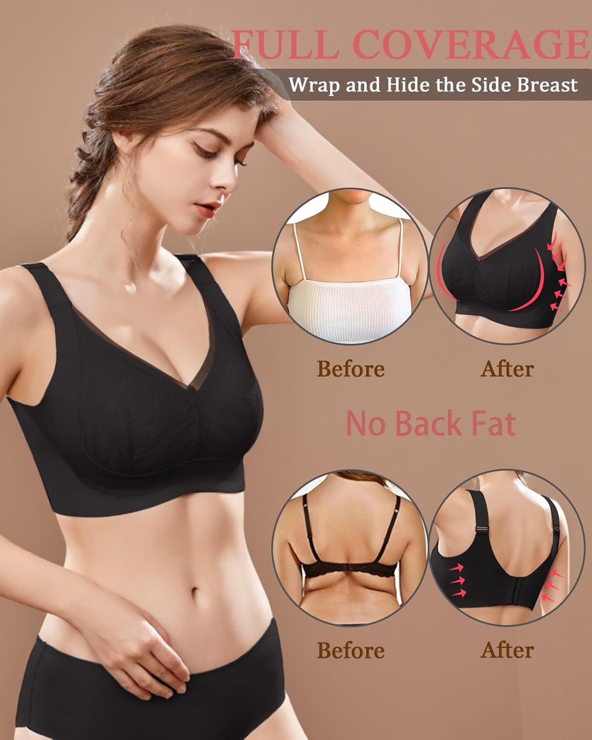 WOWENY Wirefree Bras for Women Full Coverage No Underwire Everyday Bras Comfortable Wireless V Padded Bralettes - Image 4