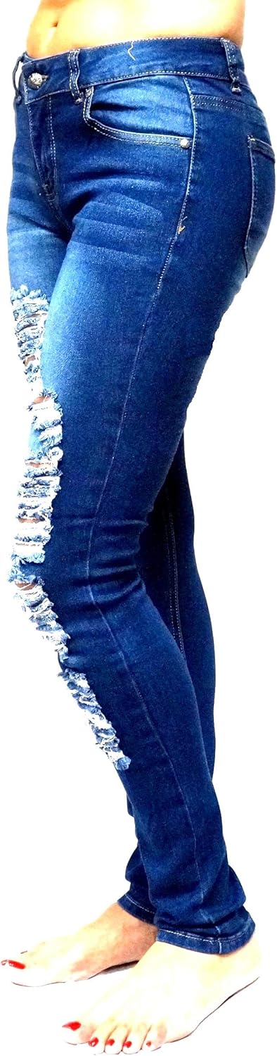 Jack David Womens Distressed Denim Jeans Ripped Blue Skinny Destroy Stretch Jean Pants (7, Jack David JD-R65B- Blue) - Image 7