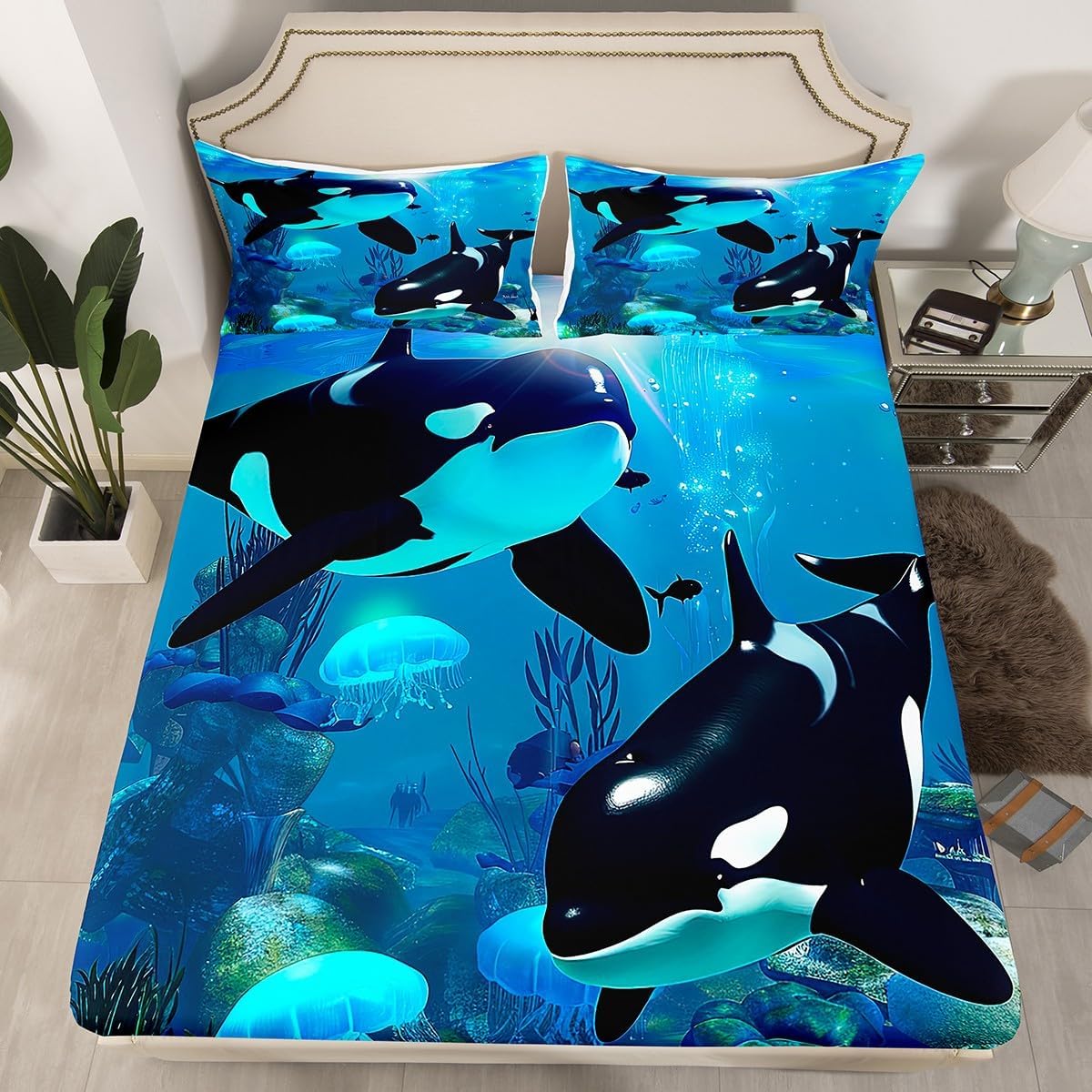 Teal Ocean Whale Fitted Sheet Jellyfish Killer Whale Bedding Sets The Underwater World Fitted Bed Sheets Orcinus Orcas Deep Sea Animals Marine Life Bedding Decor Set with 2 Pillow Cases Queen