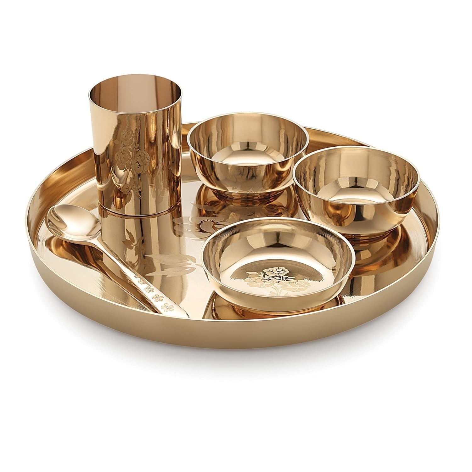Brass Dinner 1 Set 8 Piece (1 Thali 4 Bowl 1 Glass 1 Spoon 1 Halwa Plate)
