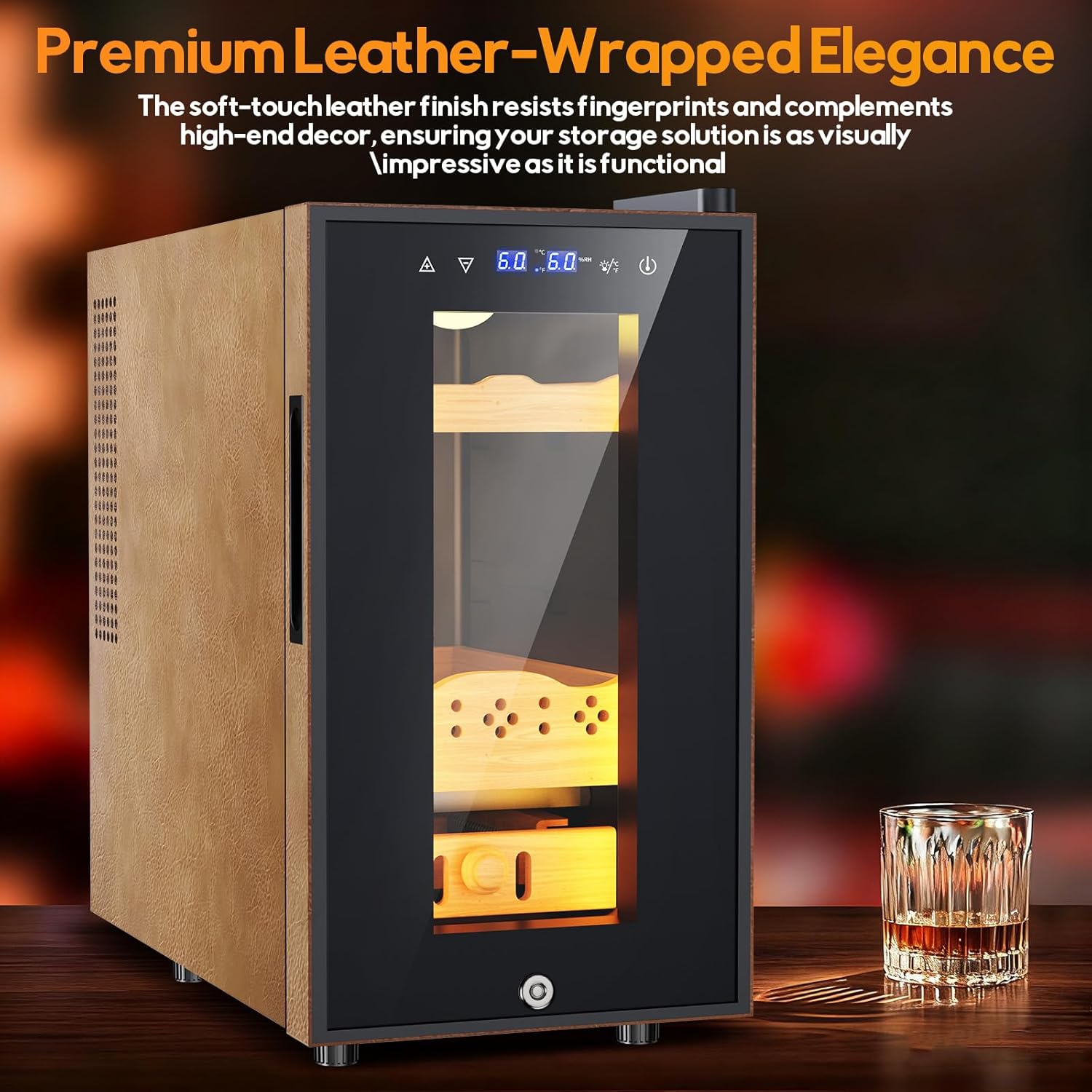25L Upgraded Electric Humidor with Leather, 200 Counts Large Capacity,Thermostatic Electric Cooler Cabinet with Digital LED Screen, Safety Lock,Smart Humidity & Temp Control, Gifts for Men
