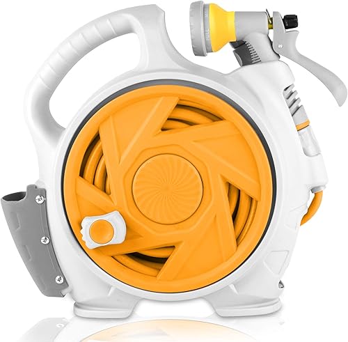 Kitness Carrete de manguera de jardín retráctil, portátil simple para el hogar, 45 + 5 pies, con boquilla rociadora de 7 patrones ajustables y