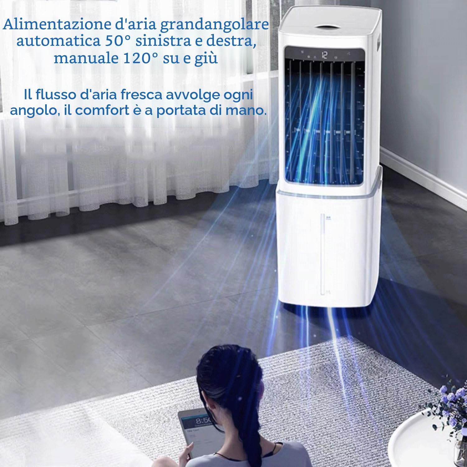 Condizionatore Portatile 12L Serbatoio Estraibile Raffreddatore d’Aria senza Tubo 3 Modalità3 Velocità Climatizzatore Evaporativo Silenzioso Timer7.5 H Telecomando Ventilatore Aria Fredda per Casa