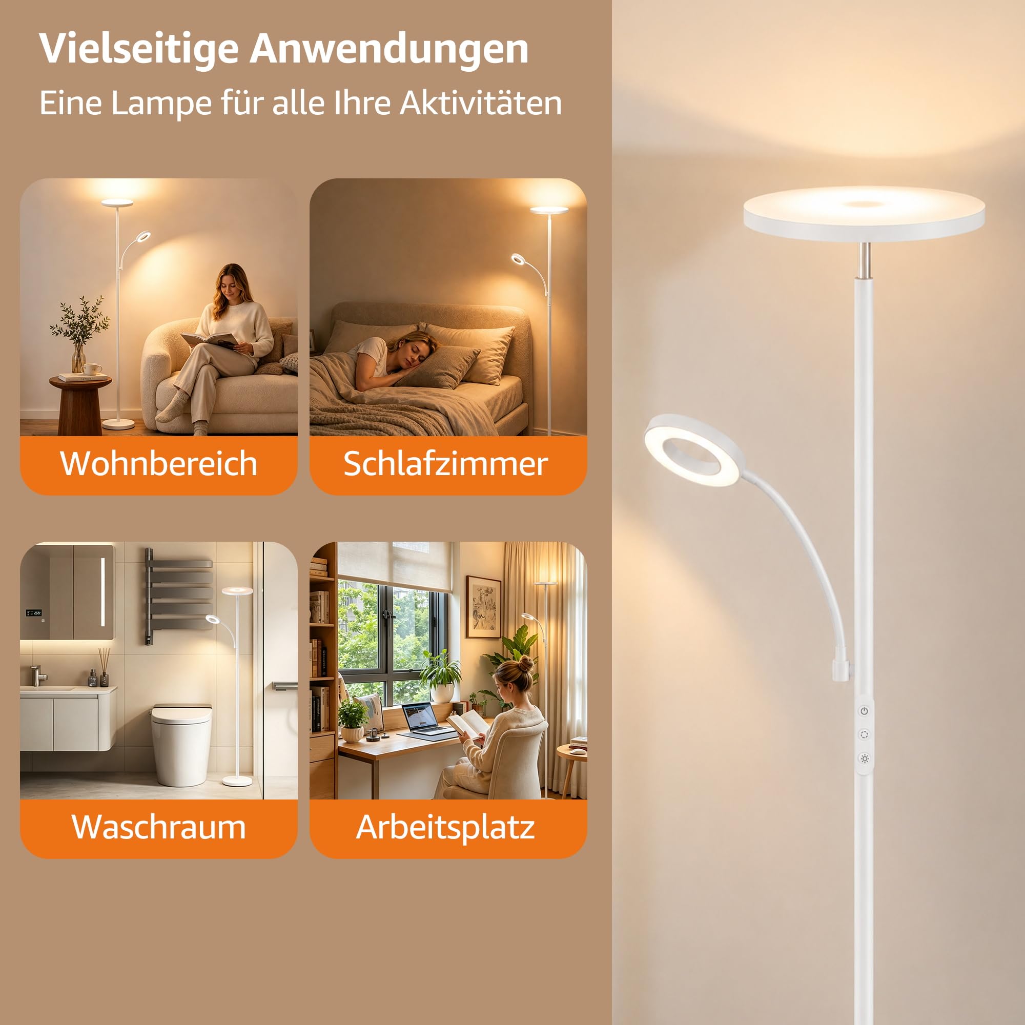 42W superhelle Uplighter Stehleuchte für Wohnzimmer, 4200LM dimmbare Torchiere Standleuchte mit Fernbedienung, Touch-Control, 2700K-6500K, Timer, 175 cm hohe Leuchte zum Lesen für Schlafzimmer, Büro