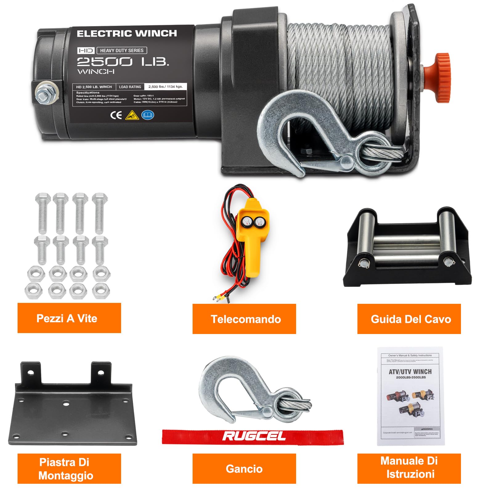 RUGCEL Verricello Elettrico 2500 lb 12V, verricello per ATV/UTV con Cavo in Acciaio, Piastra di Montaggio e Telecomando cablato, per rimorchio, Fuoristrada e Recupero