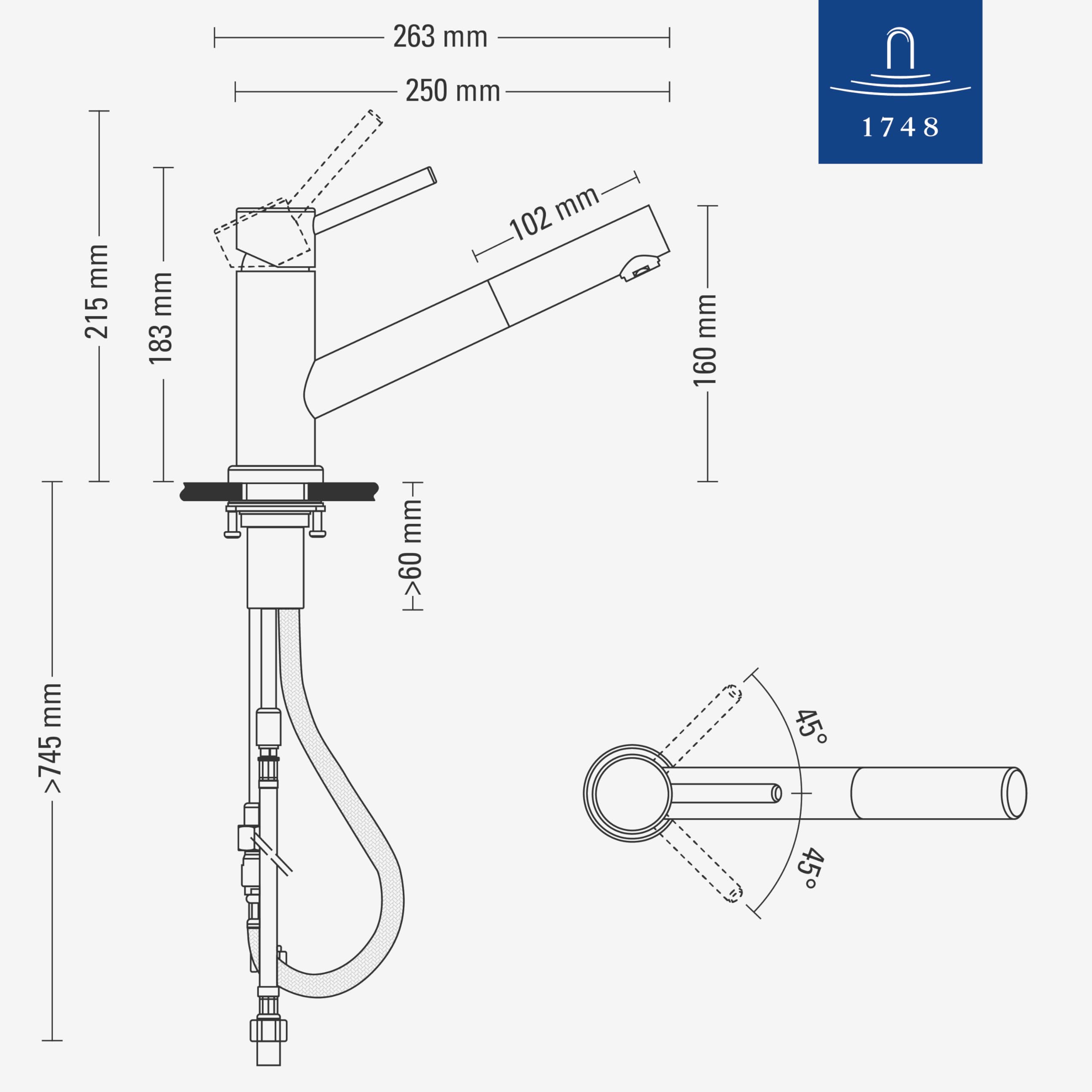 Villeroy & Boch Como Shower Küchenarmatur, Hochdruck, Wasserhahn Küche mit ausziehbarer Brause und 120° Schwenkbereich, Spültischarmatur wassersparend, Auslauf Höhe 120mm, Edelstahl massiv