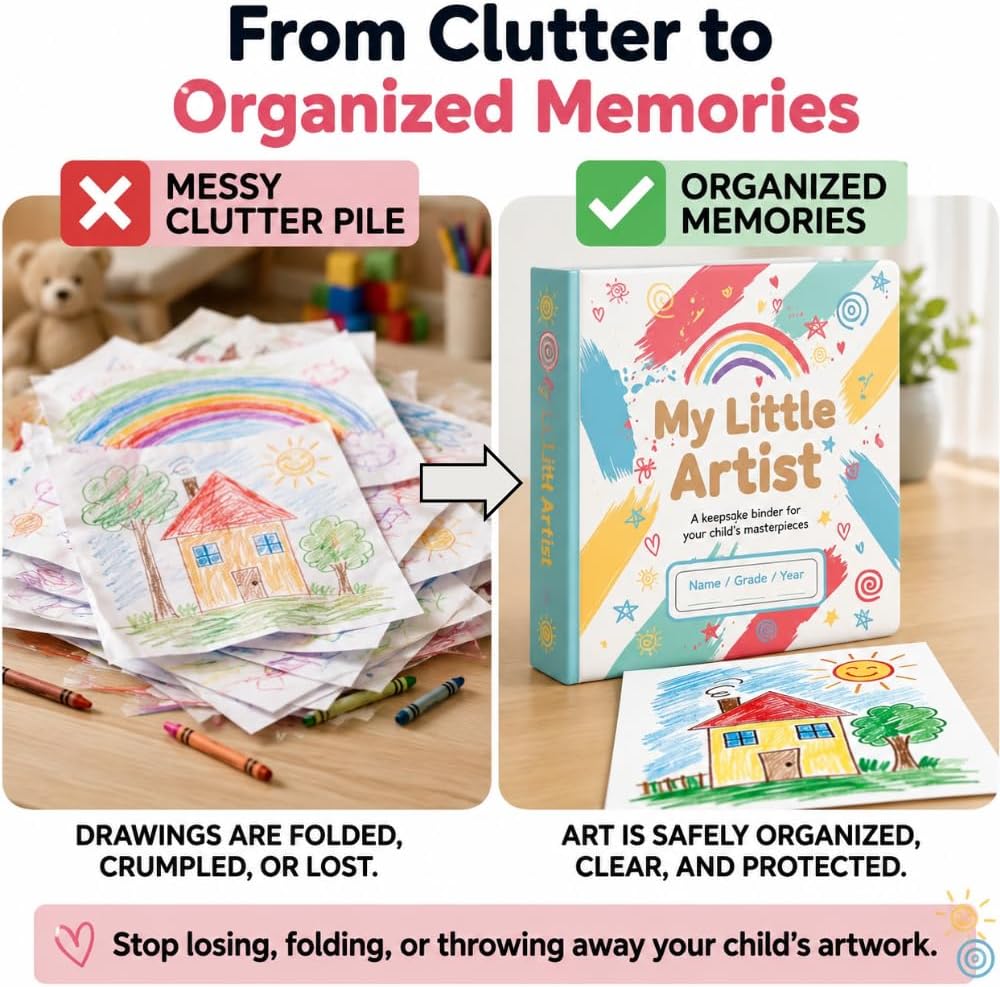 Kids Art Storage Binder – Artwork Storage for Kids, Art Portfolio Binder 8.5x11 with Protective Sleeves, School Artwork Organizer Folder, Kids Memory Keepsake Book for Drawings & Crafts