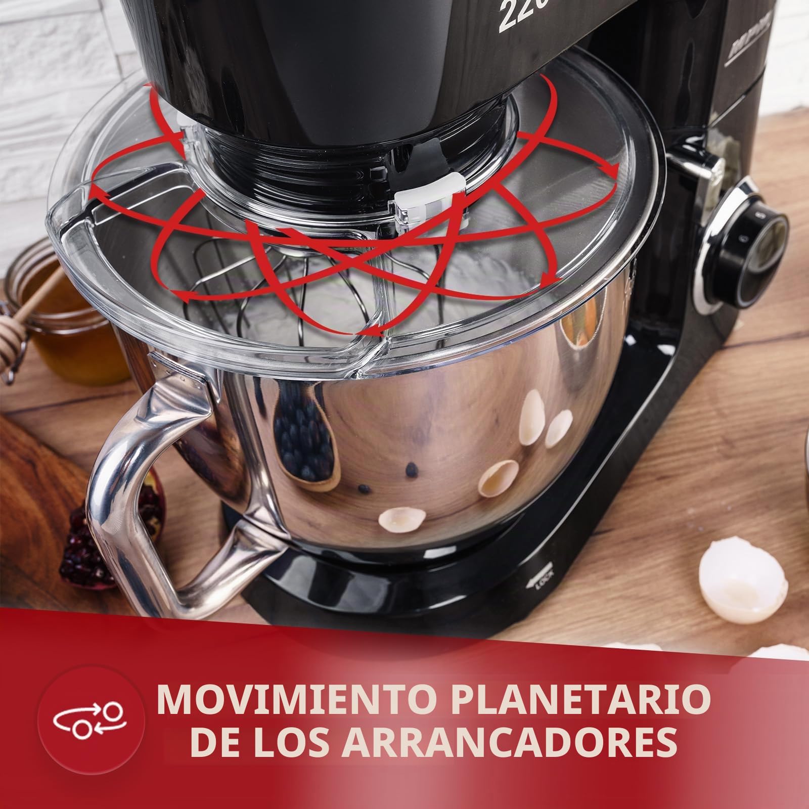 MPM MRK-19 Batidora Amasadora Repostería Profesional Robot Cocina Orbital, 2200W Máx. 6,5L Bol Acero Inox, 6 Velocidades + Función Pulso, Sistema Planetario, Tapa Anti salpicaduras, 3 Accesorios