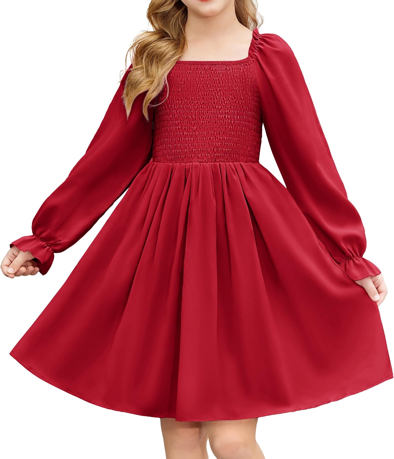 Arshiner Girls Long Sleeve Smocked Skater Fall Winter Elegant Dress with Pockets