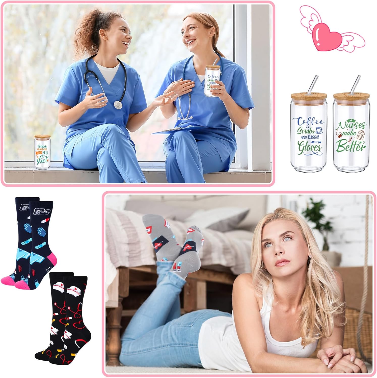 Domensi 12 Pcs Nurse Gifts for Women Nurse Appreciation Gifts 16 oz Glass Cups with Lids and Straws Medical Novelty Crew Socks for Nurses Week Graduation Birthday Christmas - Image 3