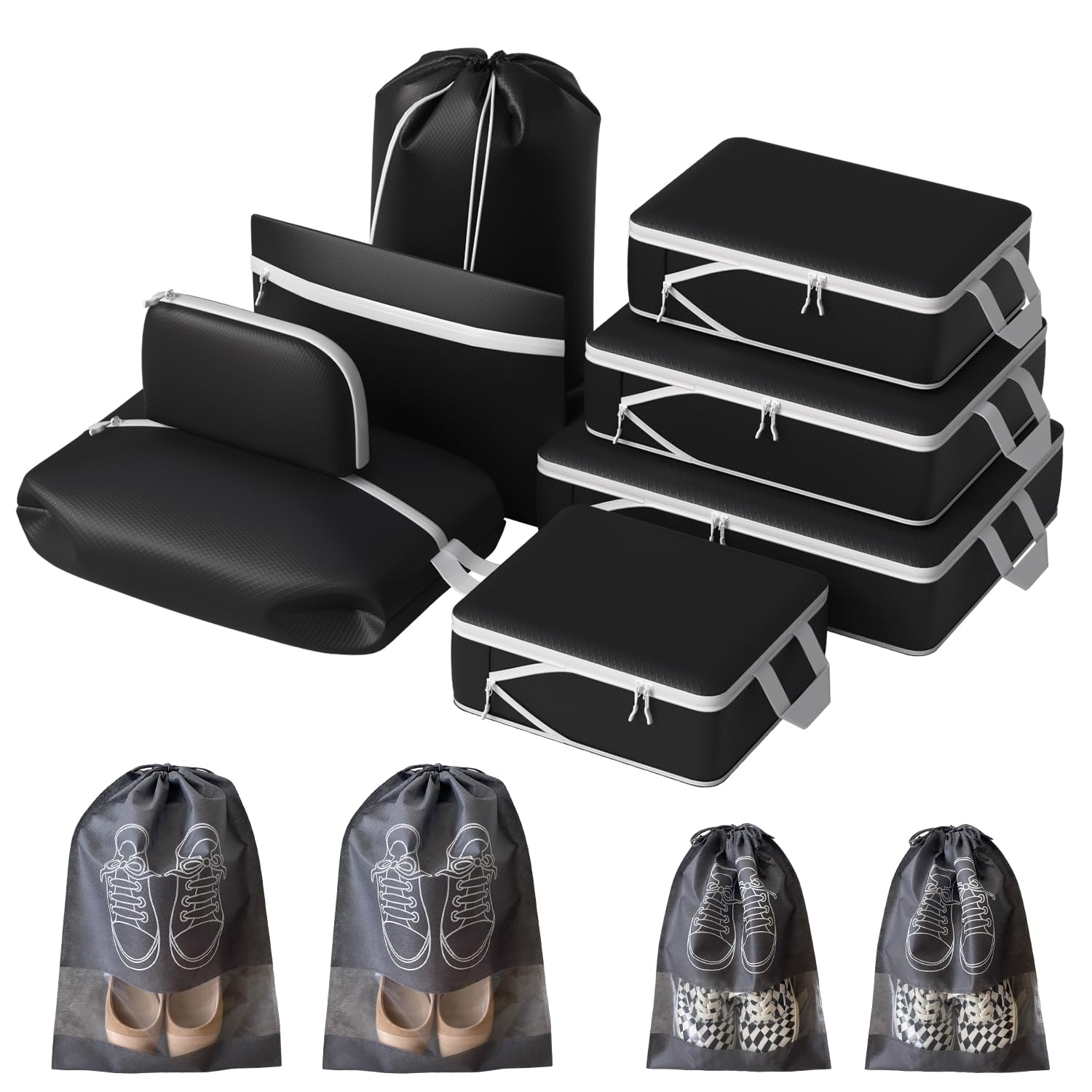 12 Pack Compression Packing Cubes, Expandable & Ultralight Travel Organizers, Waterproof Luggage Packing Set for Carry-On, Suitcase, Backpack (Black)