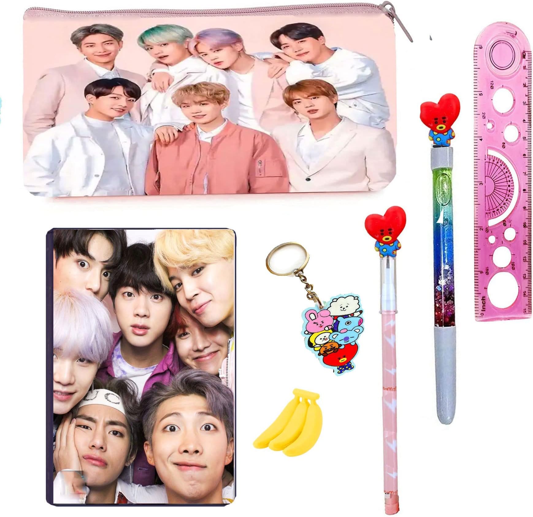 Neel® 7Ps BTS BT-21 Collection School Stationery Gift Set for Kids 1 BTS, A6 (80 Pages) Diary, 1 Pencil Case Pouch for Kids, 1 BT-21 Pen,1 Pencil, 1 Key Chain, 1 Ruler return gift (Pink, Red)