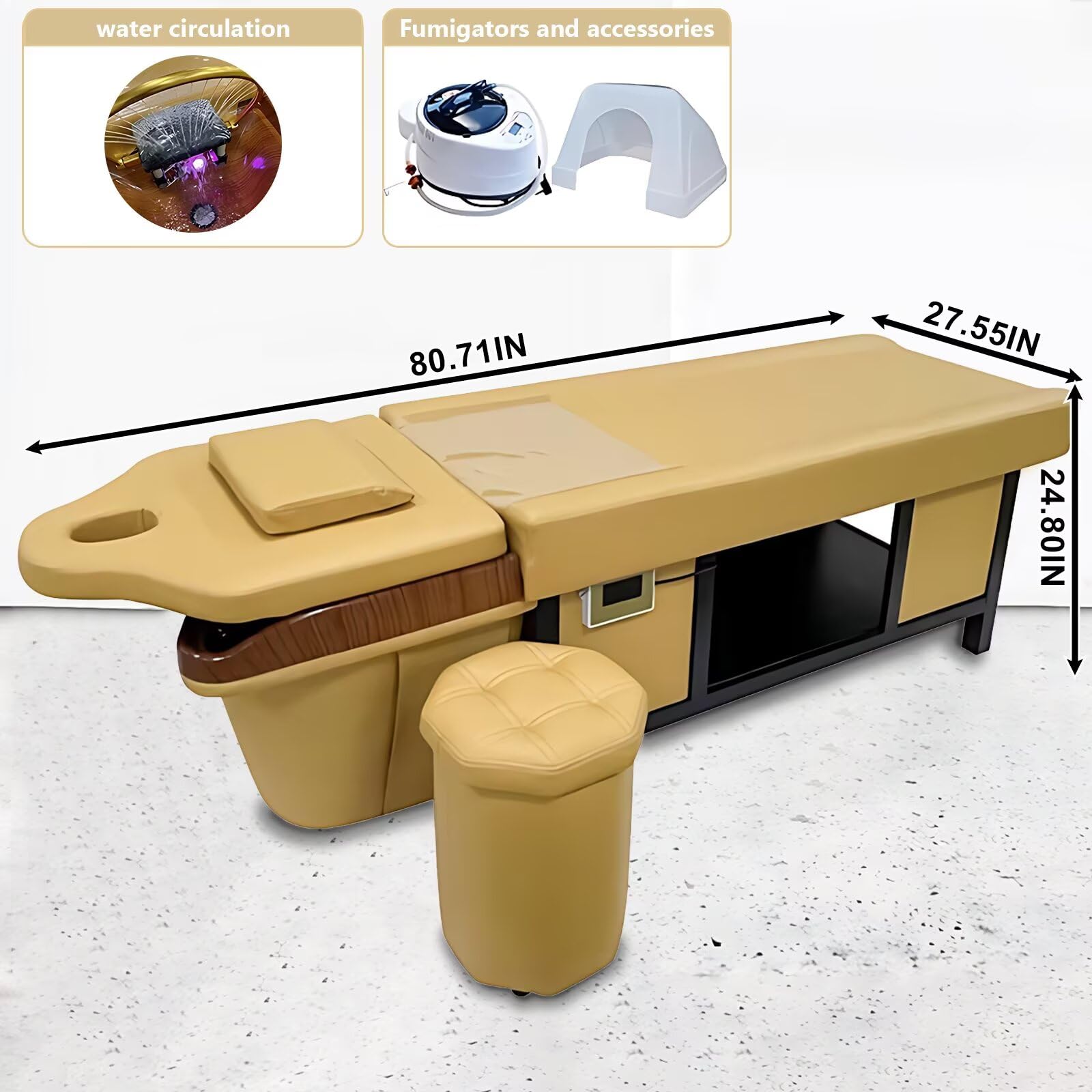 Kopfmassageliege, minimalistisches Design in Gelb, professionelle Ausstattung mit Wasserkreislauf, Desinfektion, viel Stauraum, inklusive Hocker