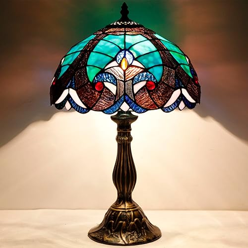 Miniatura 5 de WERFACTORY Tiffany - Lámpara de estilo verde de enlace con vitrales, lámpara de mesa de noche de 12 x 12 x 18 pulgadas, decoración de mesita de