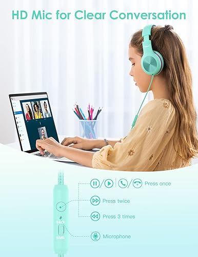 Miniatura 92 de Auriculares para niños con cable, auriculares sobre la oreja para niños con micrófono, límite de volumen de 85/94 dB, auriculares para niños y niñas