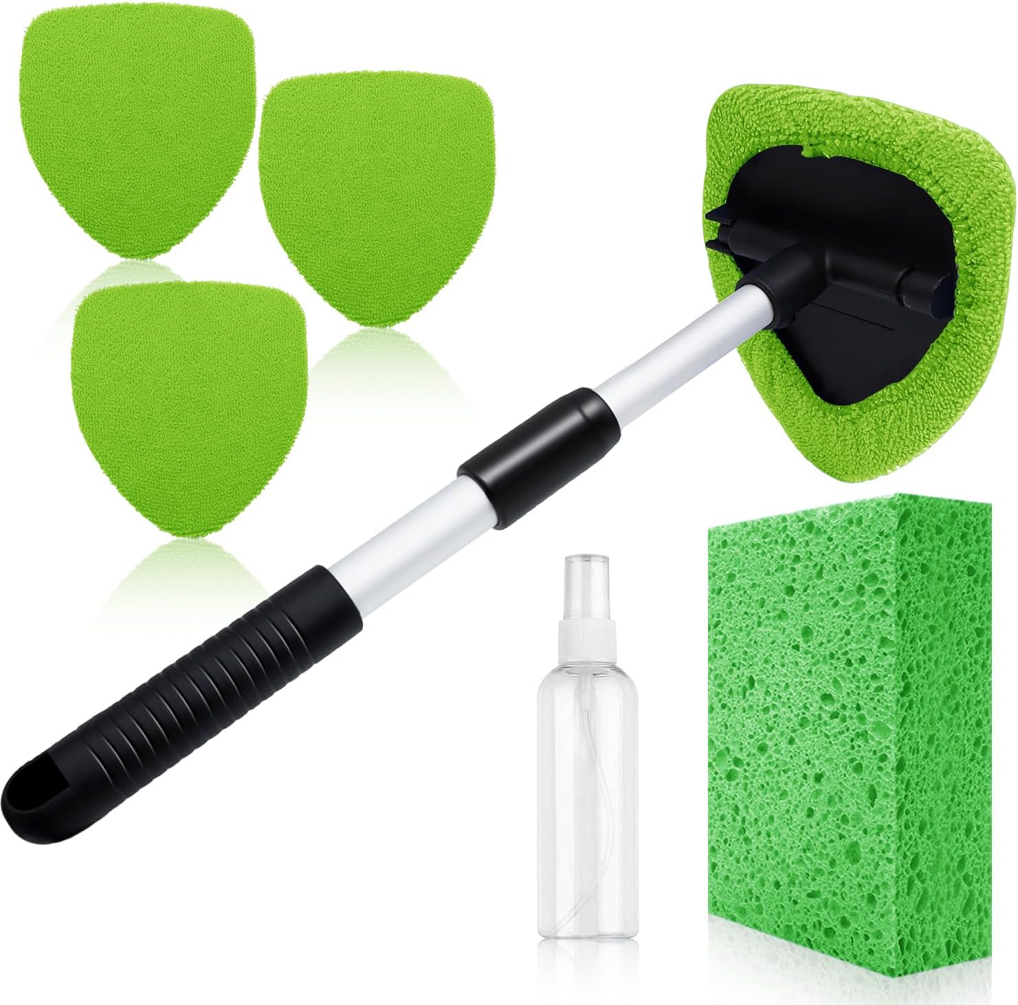 Windshield Cleaner Tool 22.5" L - Car Interior&Exterior Window Cleaning Kit with Extendable Handle&4 Microfiber Pads and Thick Large Wash Sponge, Auto Glass Wiper Brush Kit for Cars Home (7pcs Green)