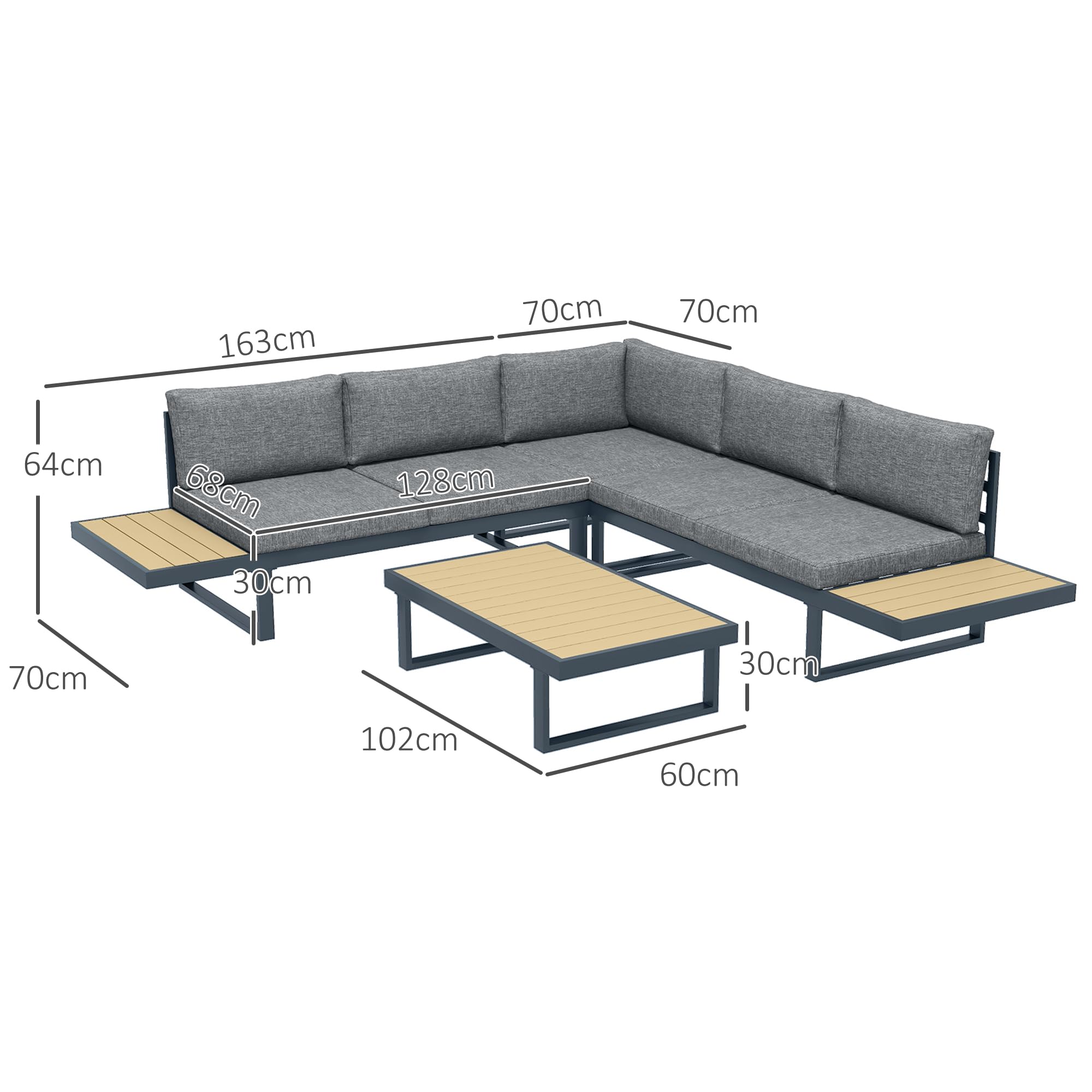 Outsunny Set da Giardino 4 Pezzi in Alluminio e Poliestere, Set da Esterno con 2 Divanetti 163x70x64 cm, Poltrona Angolare 70x70x64 cm e Tavolino da Caffè 102x60x30 cm, Grigio Scuro e Teak