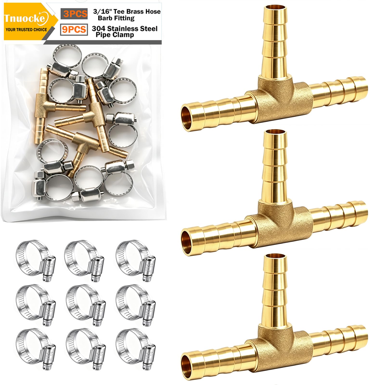 Photo 1 of Tnuocke 3pcs 3/16" (5mm) Brass Tee Barb Fittings,3 Way Union Intersection Fitting T Shape Barbed Splitter Fitting Splicer with Hose Clamps for Water Fuel Air H-058-3/16