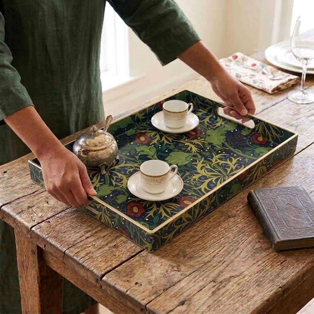 15.8" x 11.8" Navy Green Plastic Serving Tray with Handles, Seaweed & Poppy Botanical Floral Pattern with Red & Blue Accents and Gold Trim, for Ottoman, Coffee Table, Vanity