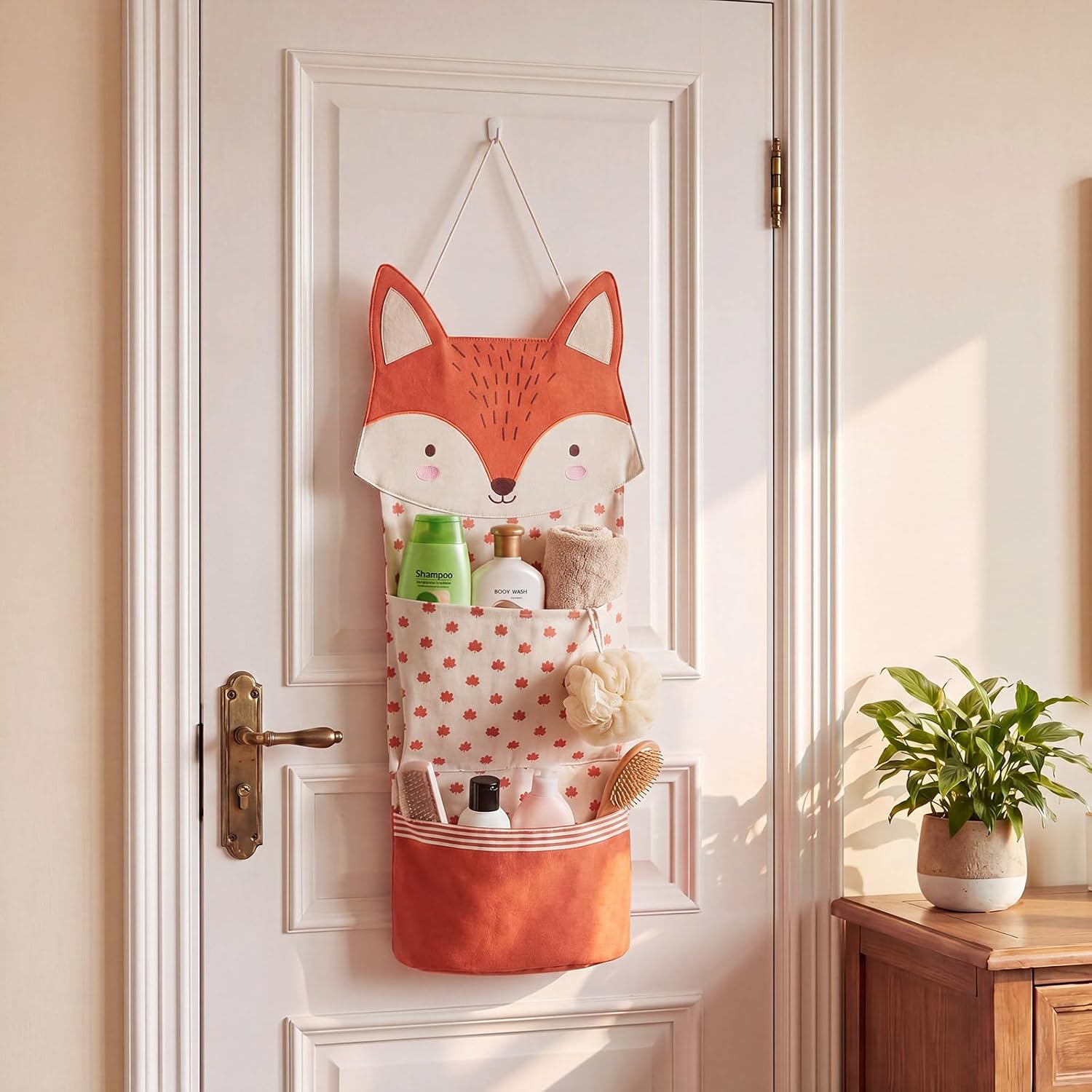 Fox Over Door Organizer for Nursery - Woodland Baby Room Hanging Storage Bag with 2 Pockets, Cotton Over the Door Caddy for Diapers Wipes Closet, Kids Room Decor 27x12 Inch