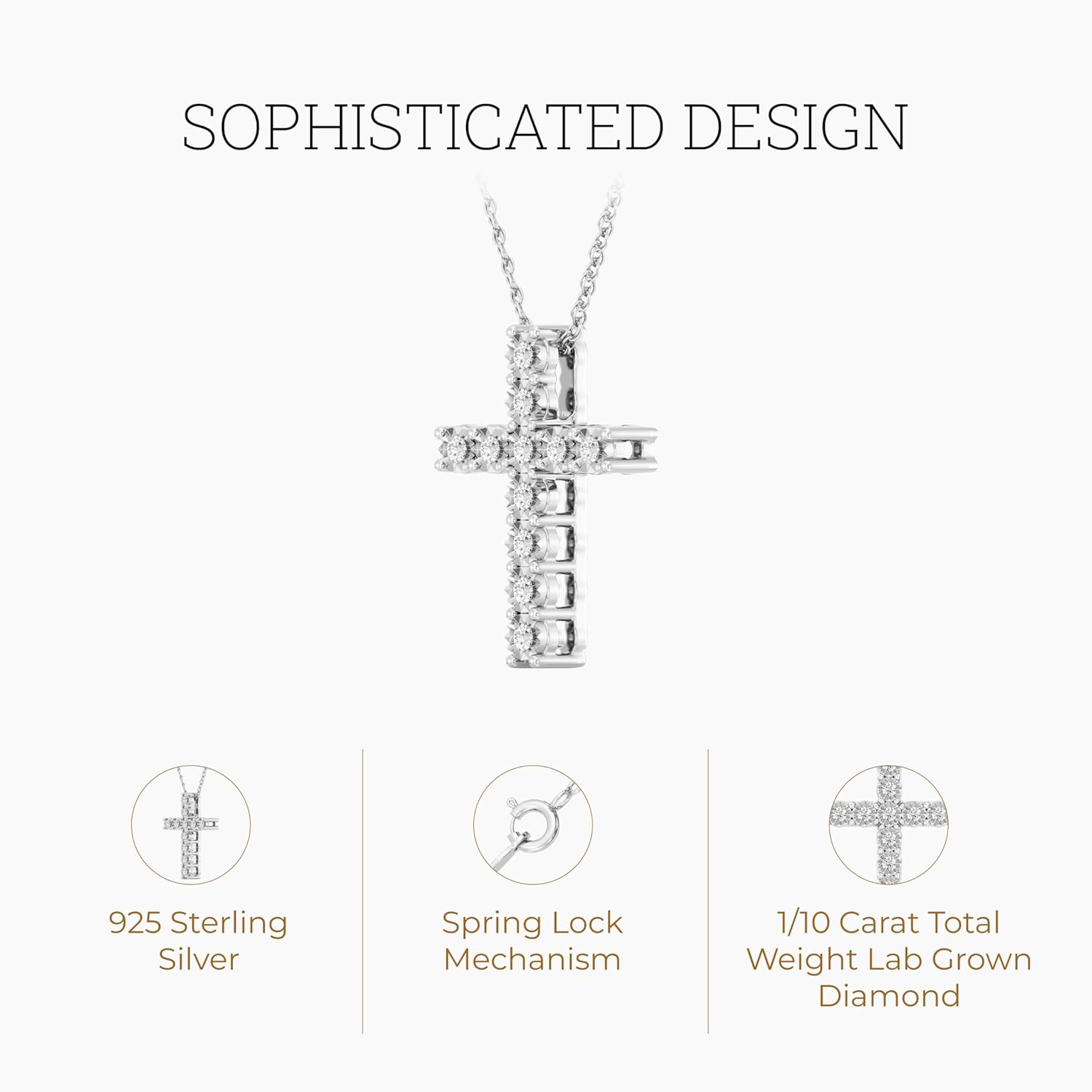 Itsy Bitsy by Gilded Sterling Silver & 14KT Gold Plated Silver Diamond Cross Pendant Necklace, 0.10 CTTW, SI1 F-Color Lab Grown Diamond, 18” Chain with Spring-Ring Lock