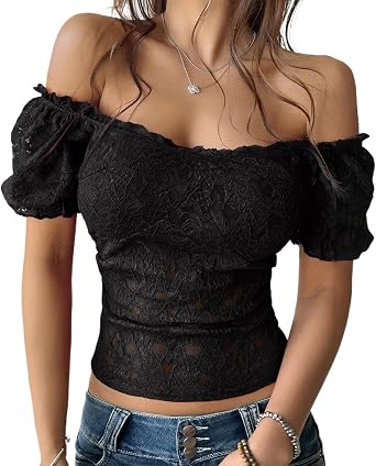 Womens Floral Lace Crop Tops Sexy Off Shoulder Puff Sleeve See Through Summer Shirts Going Out Club Coquette Clothes