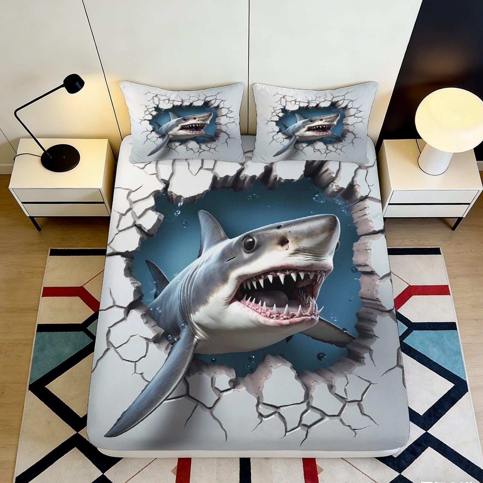 Pnayamiorkfel Style-6 3D Printed Shark Attack Fitted Sheet Microfiber Soft Breathable Underwater Scene Bed Cover For Bedroom Dorm Decor 90X200x25cm