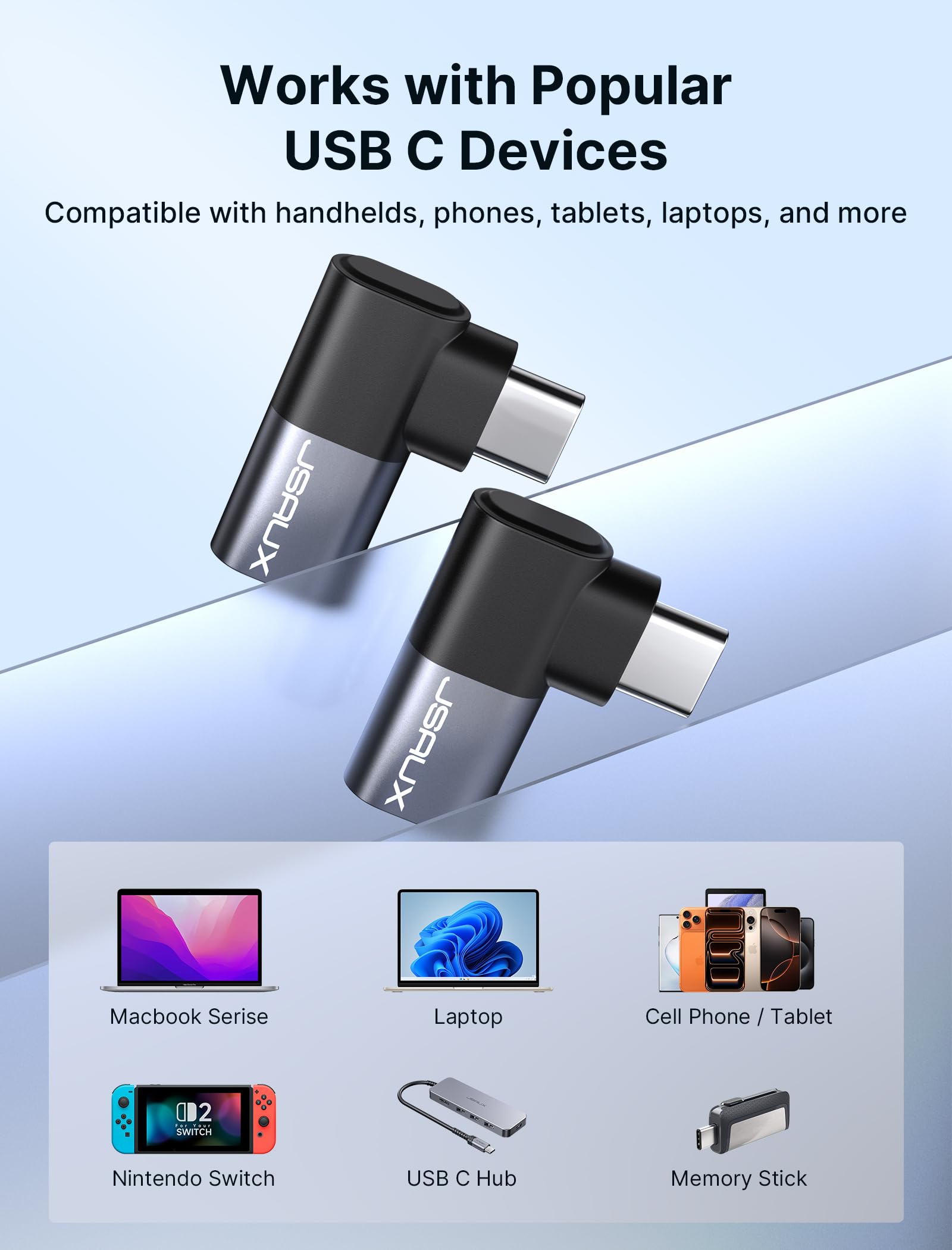 JSAUX Adapter USB C męski na USB C, żeński, 2-pak, transfer danych 40 Gb/s, PD 100 W, przedłużacz USB typu C 3.1, kompatybilny z MacBookiem, Steam Deck, ROG Ally, Switch, VR, iPhone 16/15, Samsung