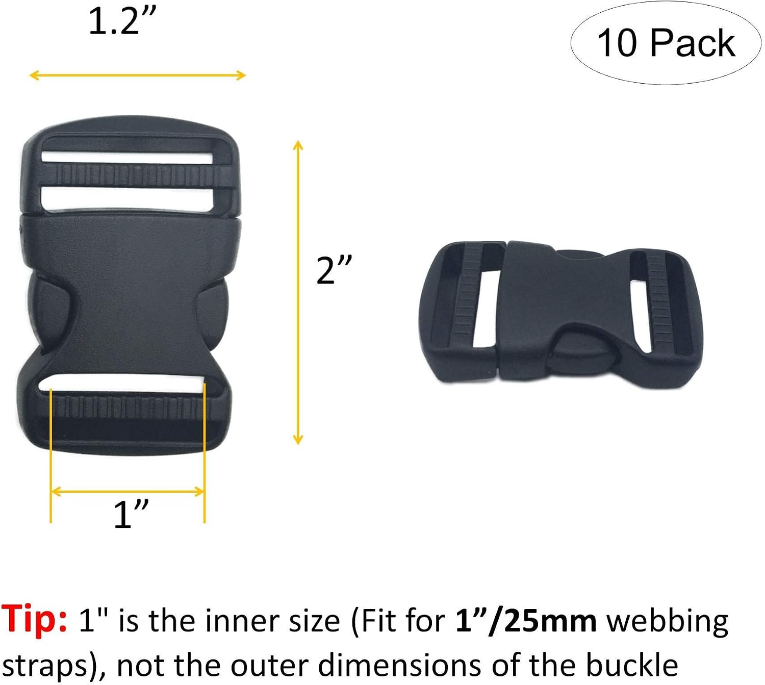 10 Set 1 Inch Flat Dual Adjustable Plastic Quick Side Release Plastic Buckles and Tri-glide Slides for Luggage Straps Pet Collar Backpack Repairing (Black, Fit For 1”/25mm Webbing Straps)