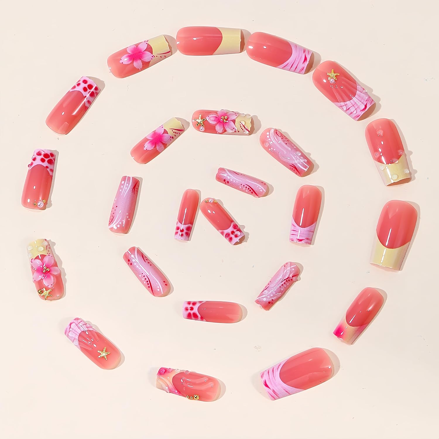 24Pcs Summer Flower Press on Nails Medium Square Fake Nails with 3D Gold Starfish Beads Pearl Design Glossy Pink Floral False Nails Full Cover Glue On Nails Yellow French Tip Stick on Nails for Women