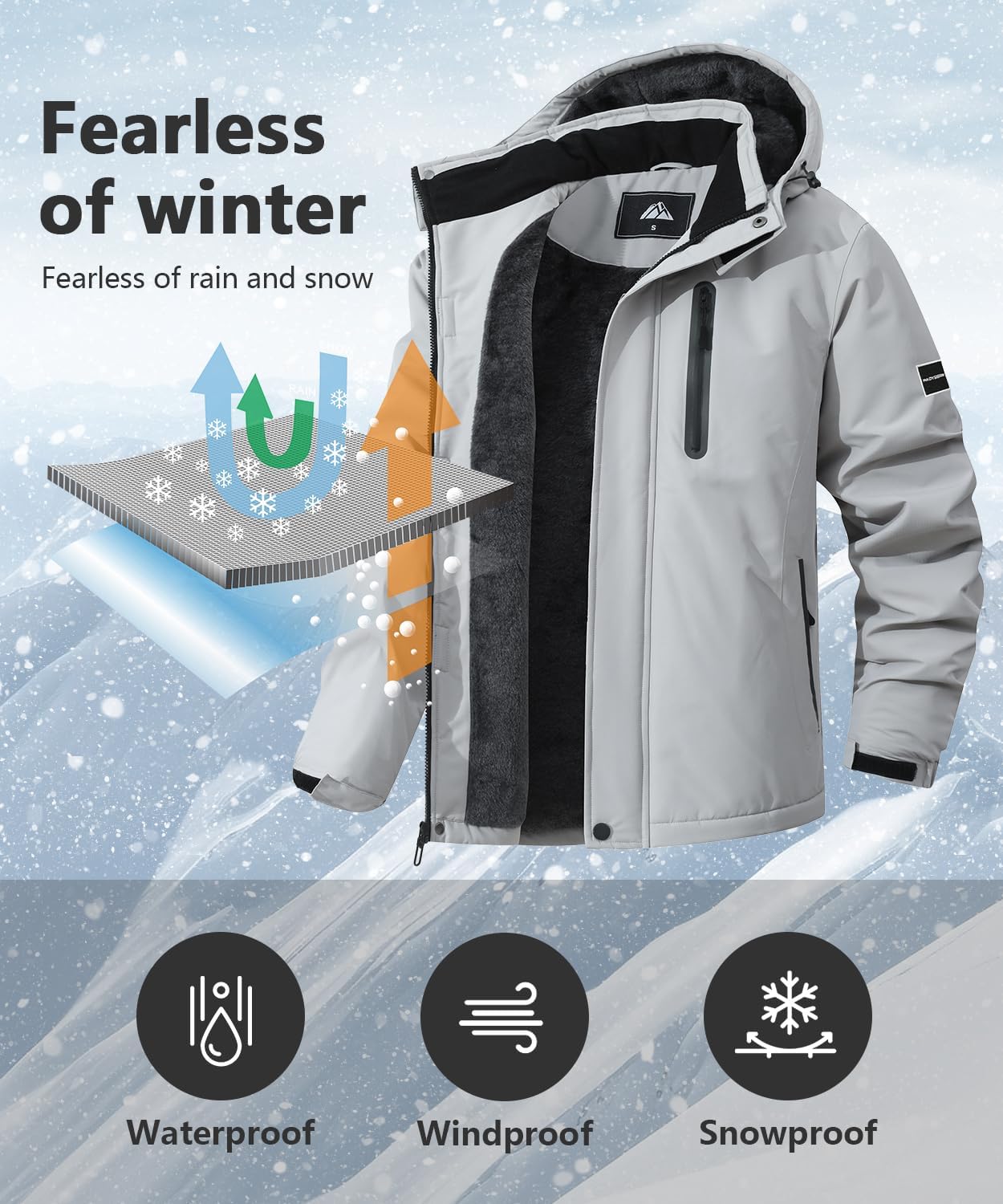 MAOYSSEN Men's Mountain Ski Jacket Warm Winter Snow Coat Waterproof Snowboarding Jacket Outdoor Windbreaker Hooded for Hiking - Image 3