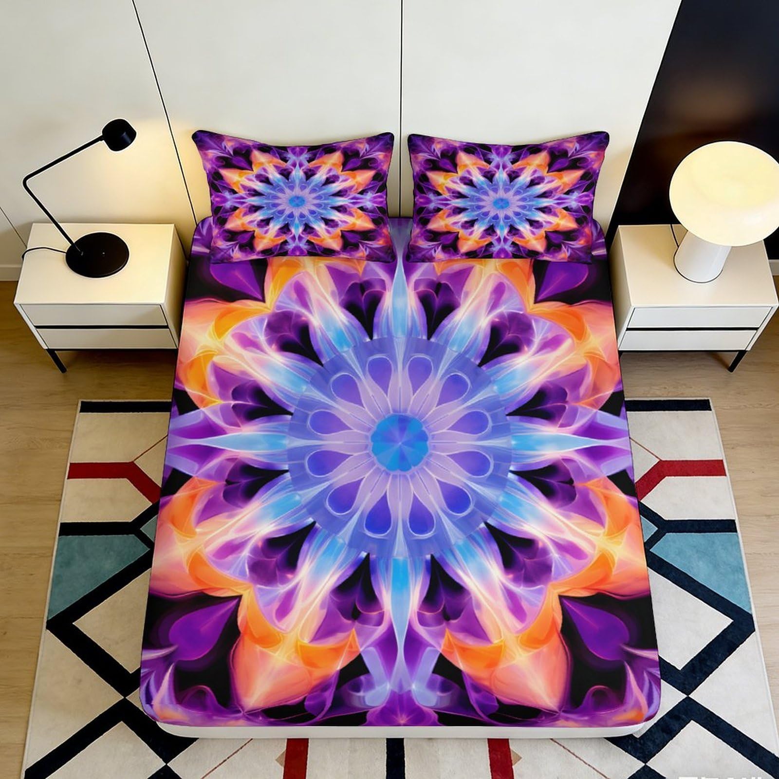 3D Printed Mandala Flower Fitted Sheet Microfiber Soft Vibrant Abstract Mattress Cover for Bedroom Dorm Decor 160x200x25cm