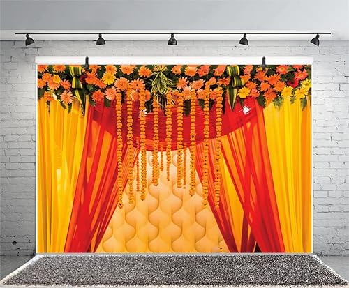 Miniatura 1 de Yeele - Telón de fondo de pared dorado floral de primavera de 7 x 5 pies para fotografía telón de fondo tradicional indio para decoración girasol