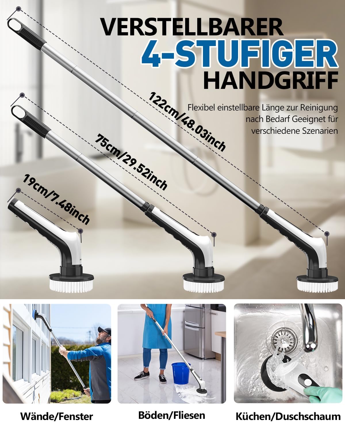 Adjustable 4-stage handle of the Homtronics Electric Cleaning Brush