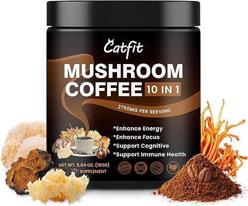 Catfit Café en polvo de hongos, 10 suplementos de mezcla de hongos con melena de león, chaga, cordyceps, L-teanina para energía, concentración,