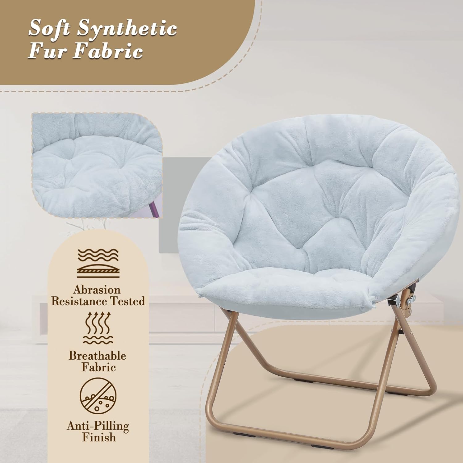 Athena Collection Round Saucer Chair for Adults Set of 2, Oversize Comfy Cozy Faux Fur Folding Reading Chair with Metal Leg Lazy Relaxing for Living Room Bedroom Dorm Apartment, Blue