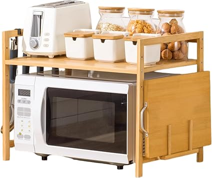 Microwave Shelf Oven Rack 22x14x16.5 Inch Dual Layer Bamboo with Chopping Board Slot 4 Hooks for Kitchen Countertop