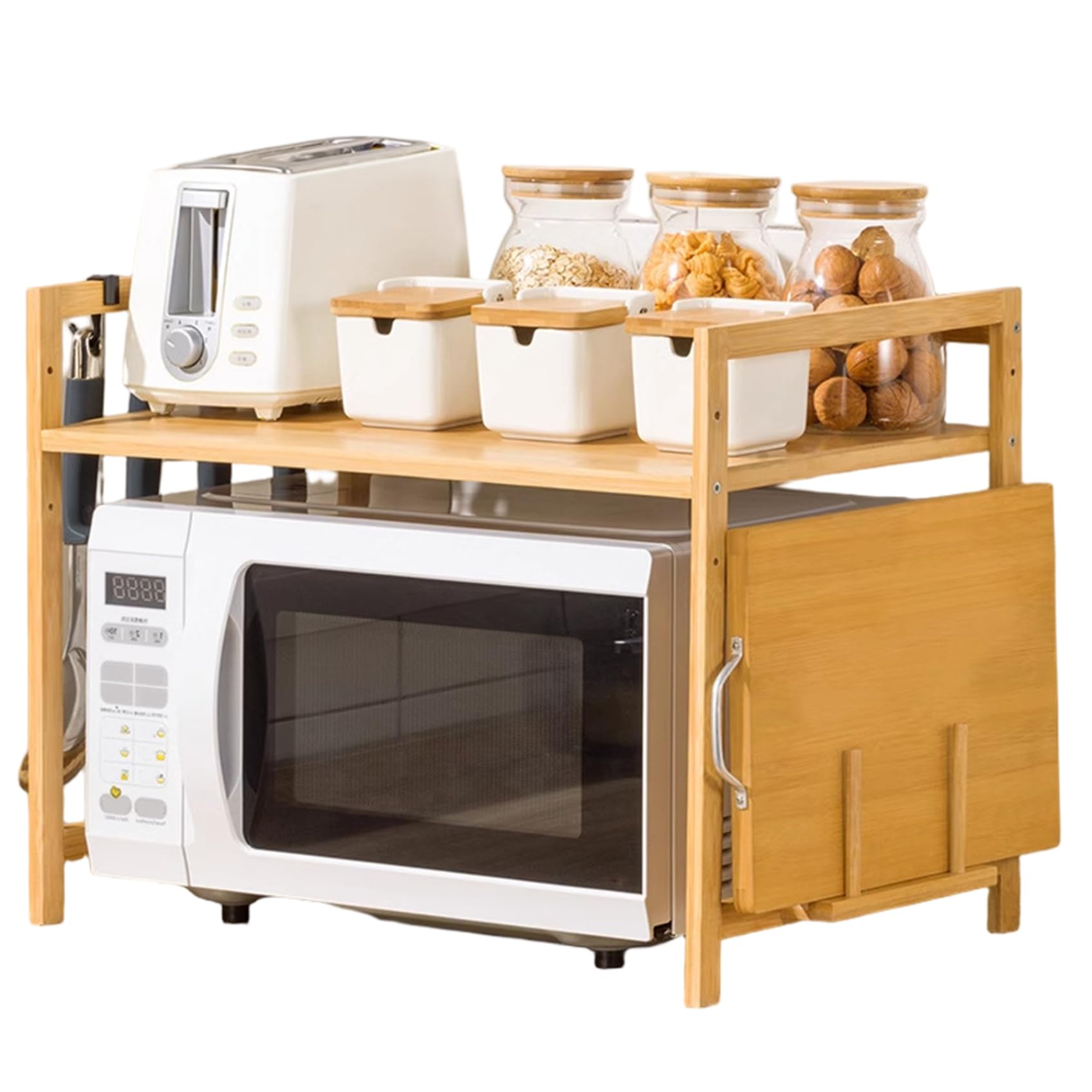 Dwuwarstwowy bambusowy stojak na kuchenkę mikrofalową 22 x 14 x 16,5 z otworem na deskę do krojenia i 4 haczykami na blat kuchenny, oszczędność miejsca, stylowe rozwiązanie do przechowywania