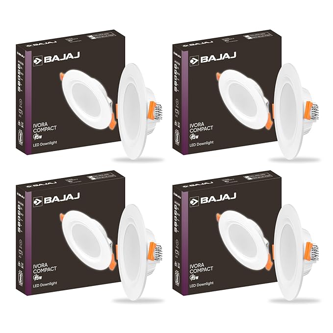 Bajaj Ivora Compact Downlight 3-in-1 CCT | 5W LED Downlight | for Smaller Spaces | Long Life of 25000 Hours (Multi CCT, Pack of 4)