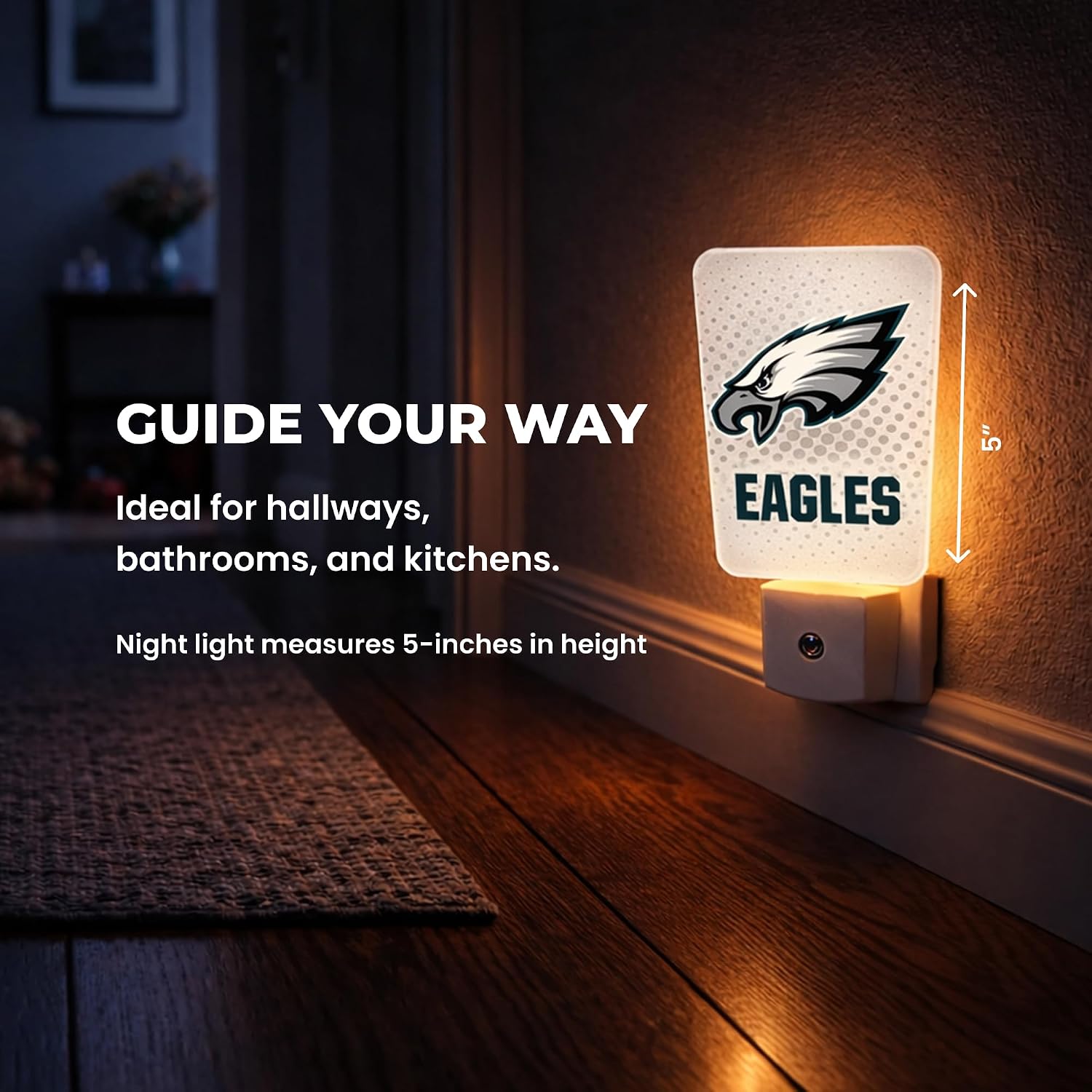 Party Animal NFL Team LED Night Light, with Auto Sensor and 3 Light Settings, Slim 5-Inch Design fits Standard Outlets, Detroit Lions