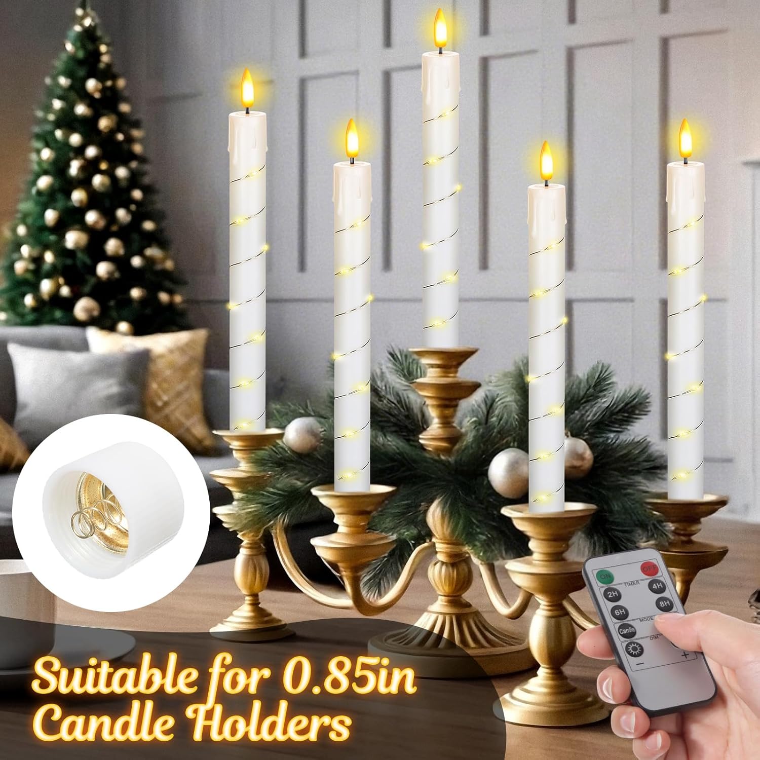 Rossesay 10 Pcs LED Flameless Taper Candles with String Light and Remote Ivory Battery Powered Flameless Candlesticks 10 Inch Flickering Plastic LED Window Candles for Wedding Christmas Decoration