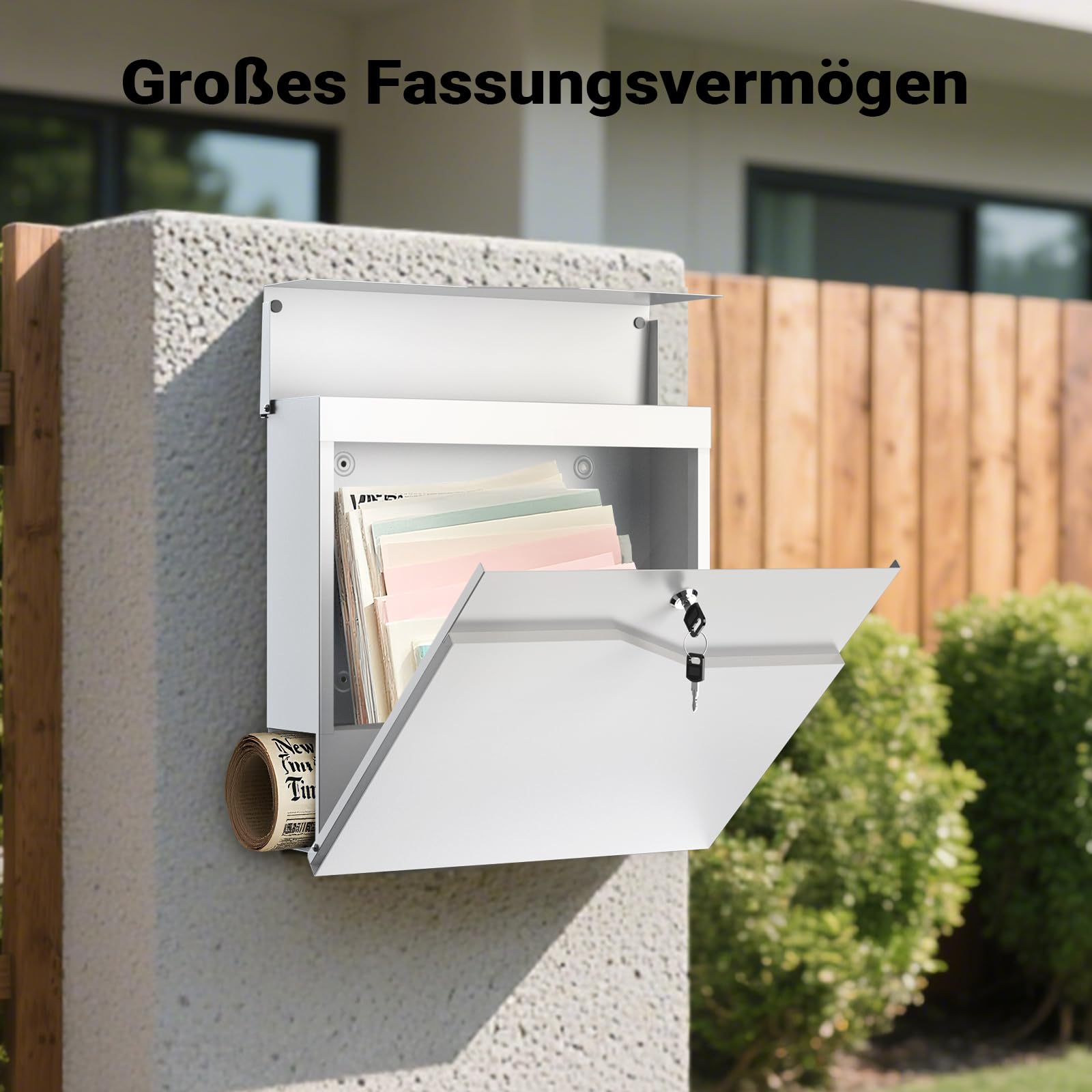 Wiltec Designer Briefkasten V19 weiß 370 x 102 x 370 mm, Wandbriefkasten mit Schloss und Zeitungsrolle, Postkasten aus pulverbeschichtetem Stahl