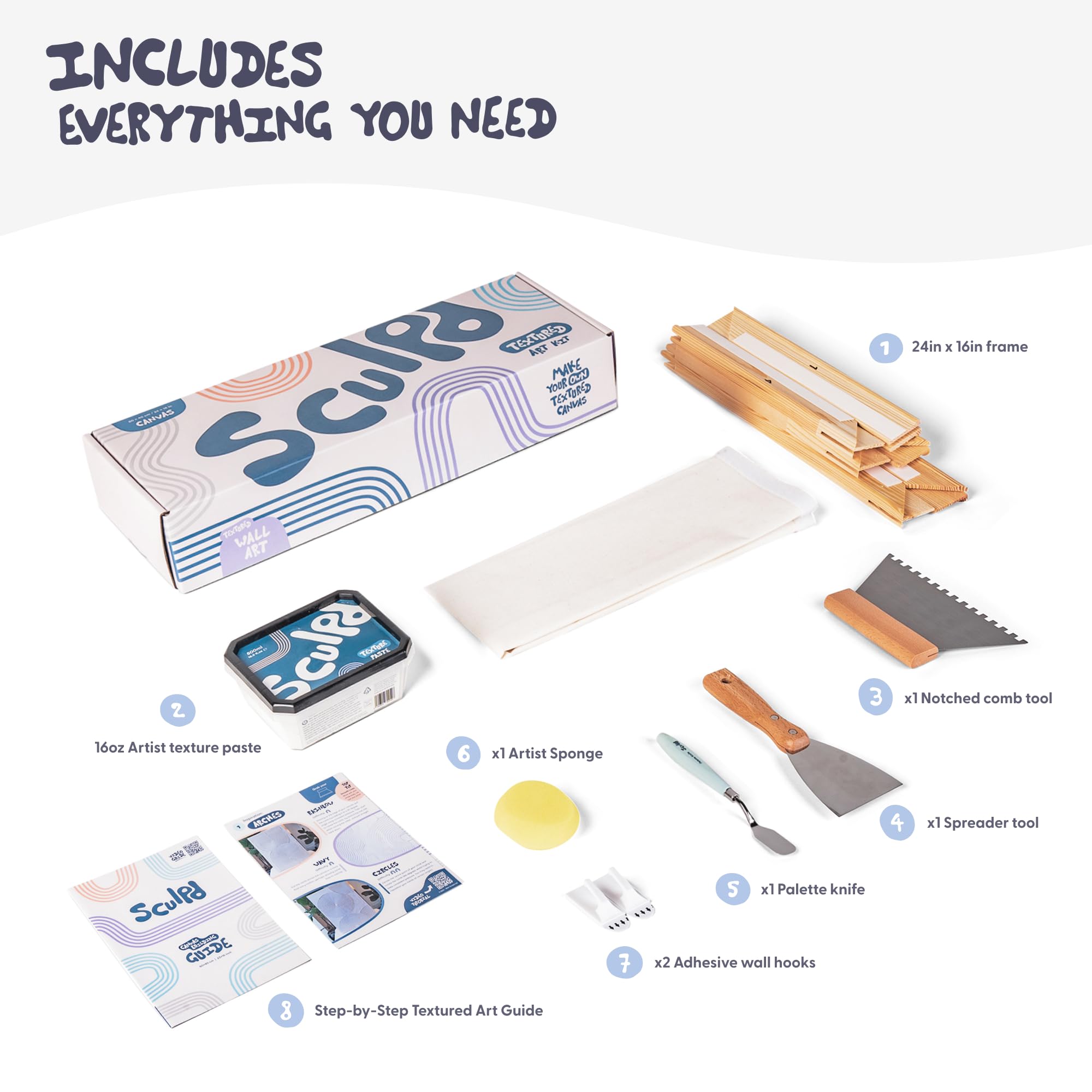 Sculpd Kit d'art complet pour toile texturée avec pâte de texture, toile, couteau à palette, crochets muraux, outils d'artisanat, vidéos et guide du débutant – Cadeau pour adultes, adolescents, hommes