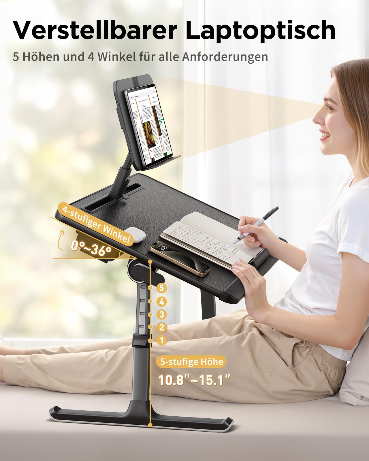 SAIJI Table pour ordinateur portable [Premium XXL, extra large] avec pupitre de lecture réglable en hauteur, table de lit polyvalente de qualité supérieure, pliable, avec tiroir (noir)