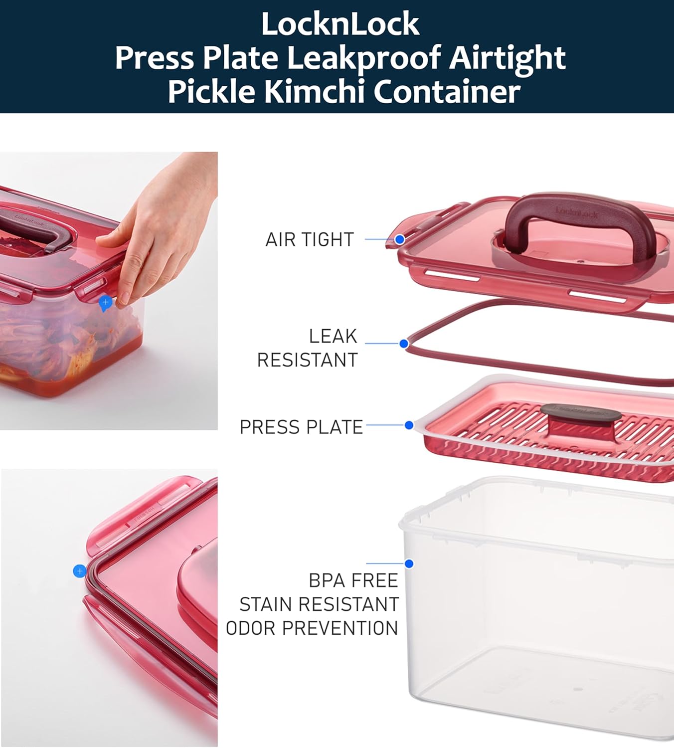 Lock & Lock BPA Free Rectangular Pickle Kimchi Press Ferment Storage Container (3.6L)